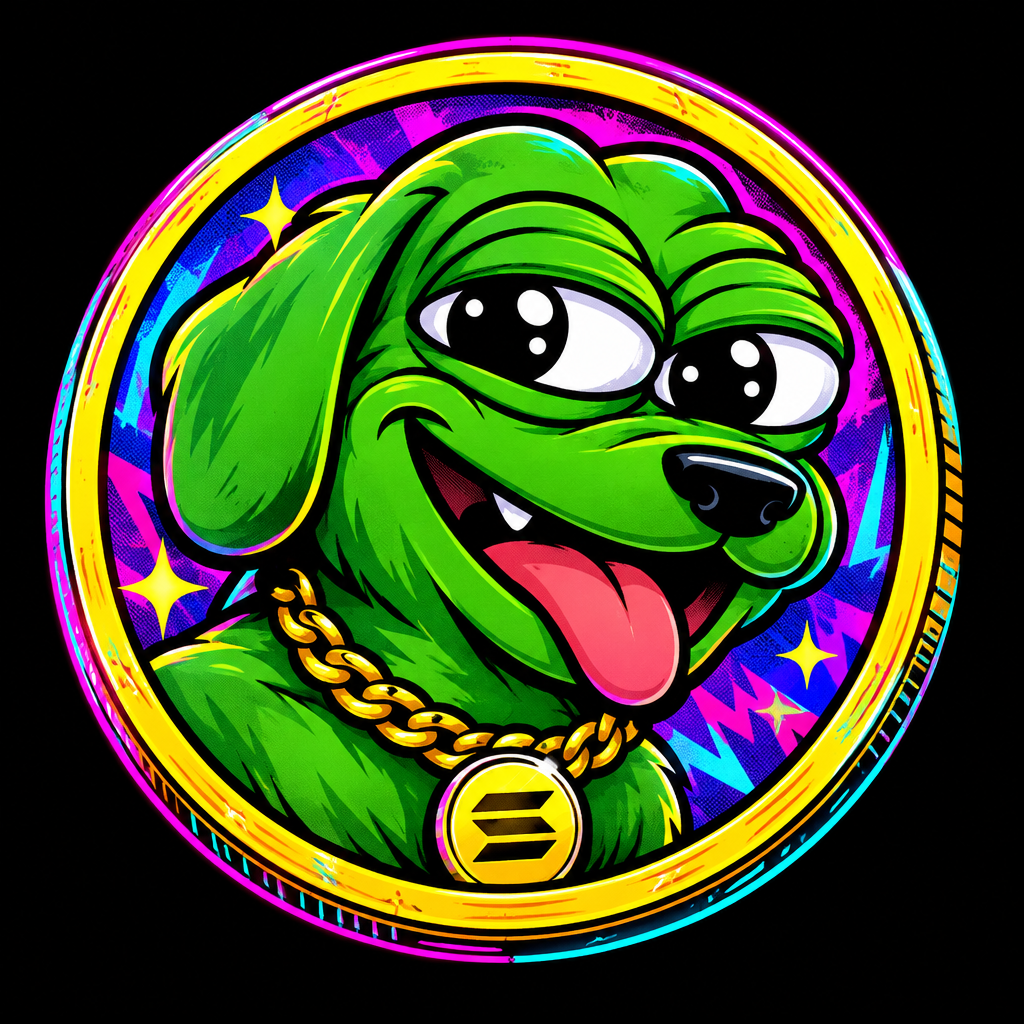 Collectible-style coin avatar of Pepe Dog: a mischievous green meme dog face with exaggerated eyes, degen grin, and a chunky coin-like circular frame