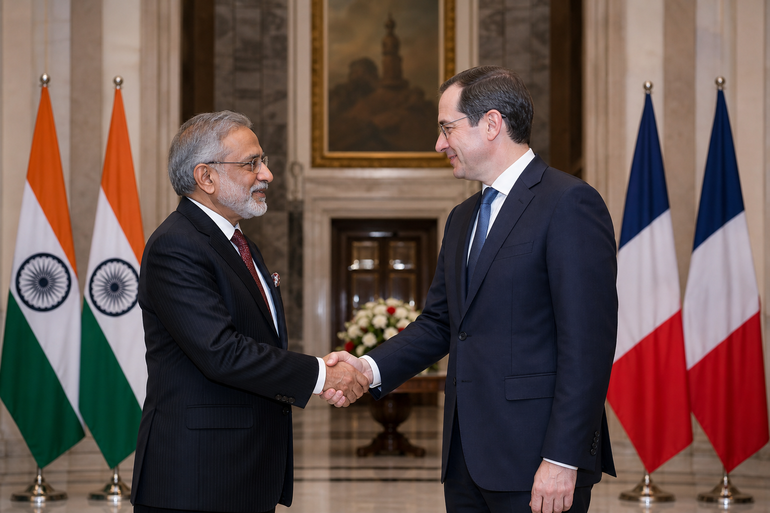 Formal diplomatic engagement with handshake in a government hall
