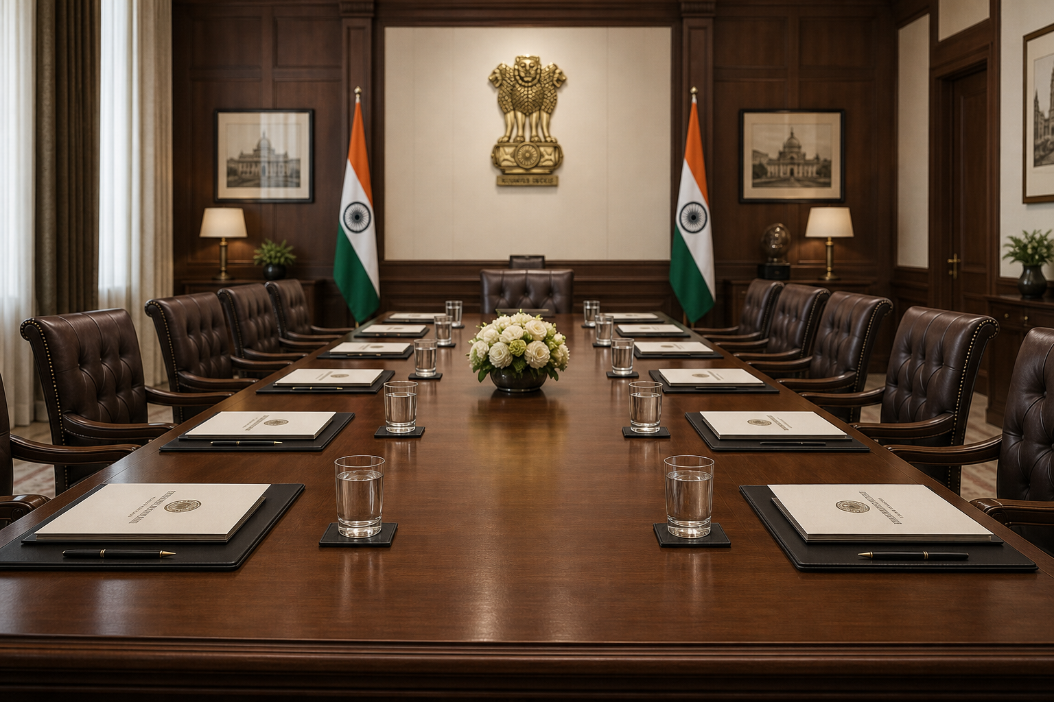 Formal institutional meeting room with briefing materials and nameplates