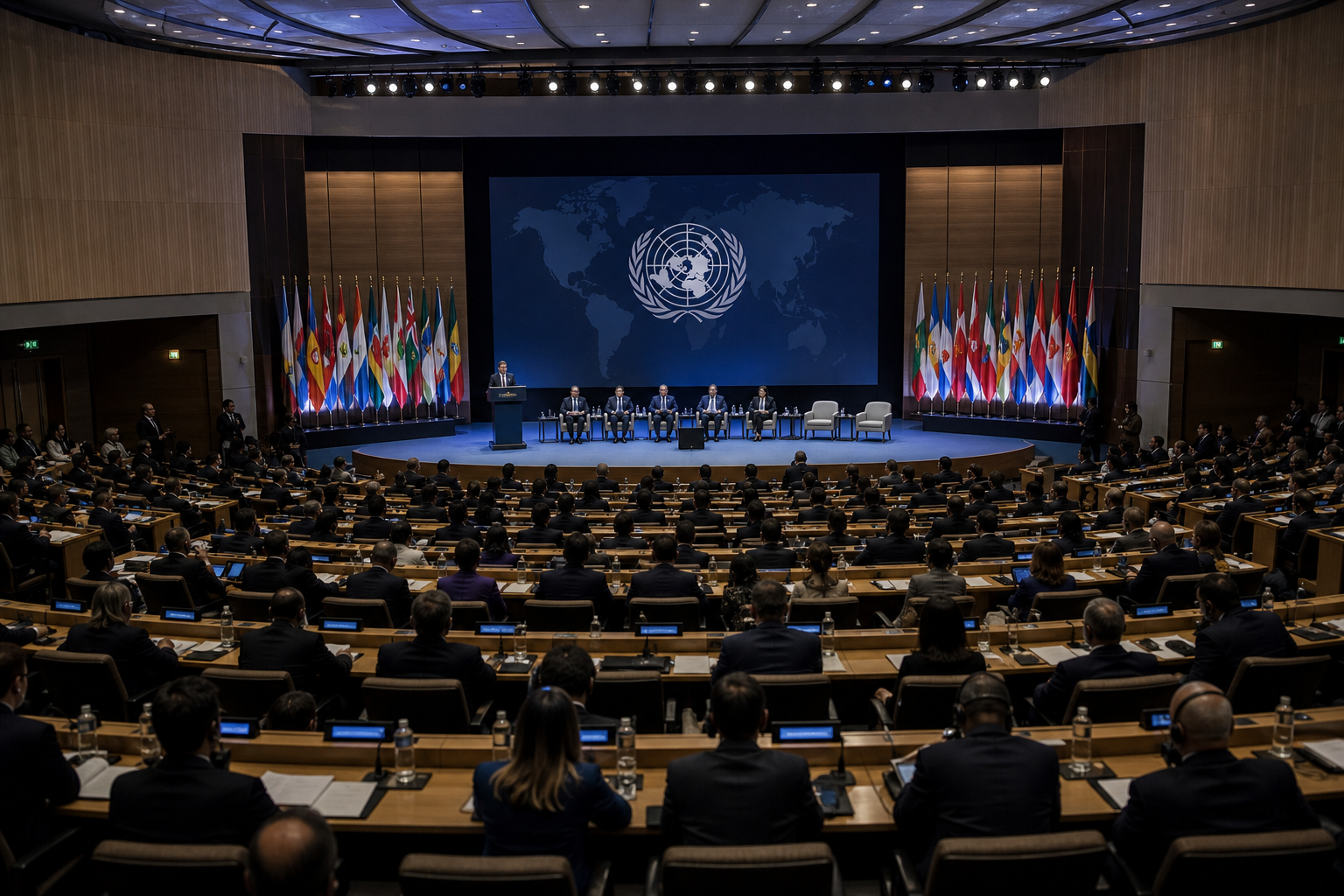 Large international forum auditorium with stage lighting and national emblems