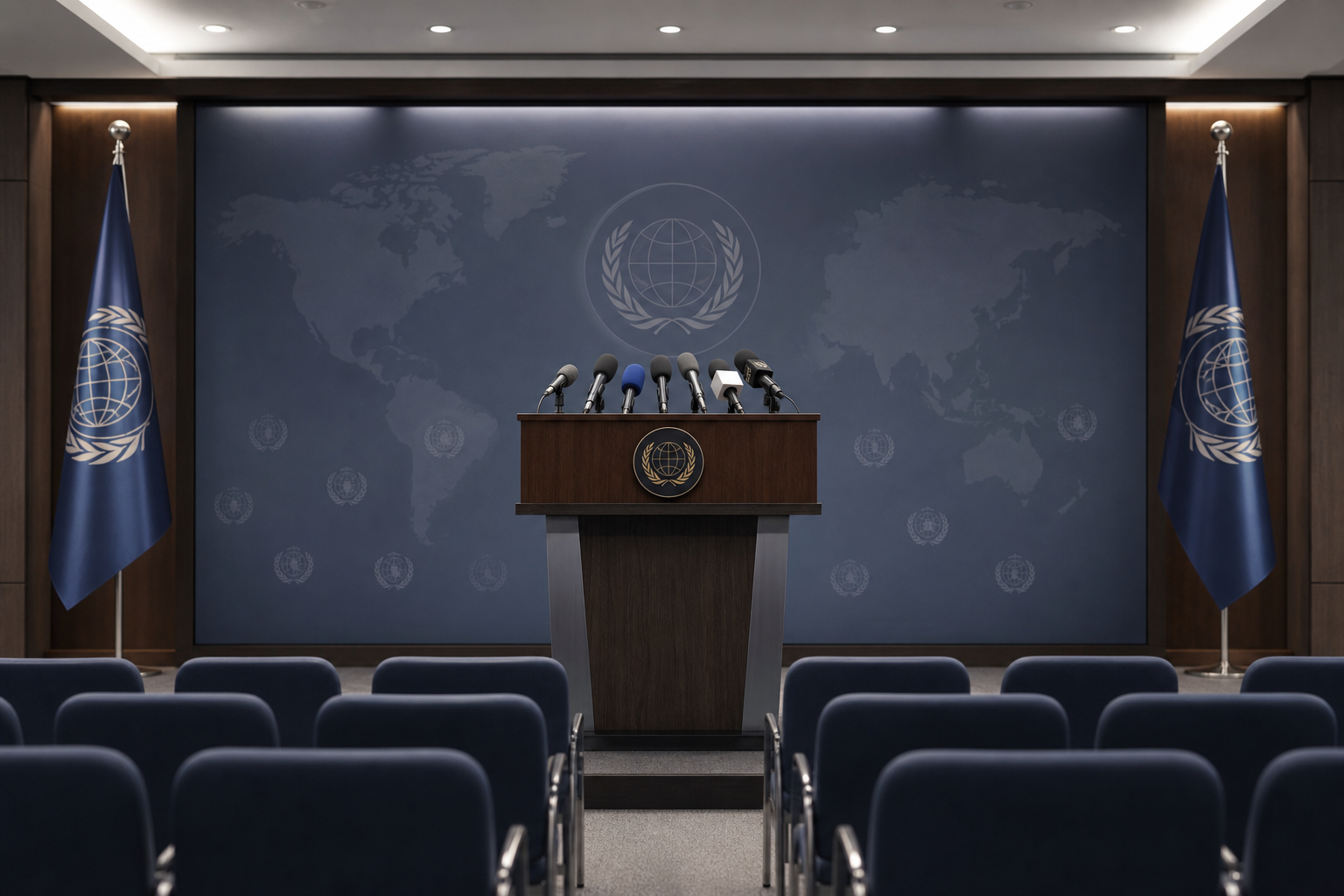 Press podium with microphones and a formal backdrop in a media briefing room