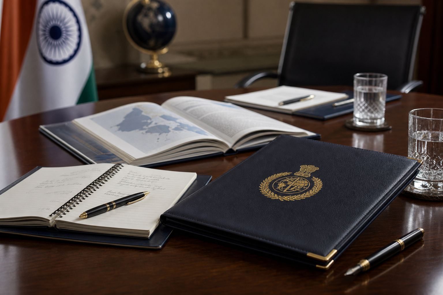 Policy discussion table with documents, notebooks, and a diplomatic crest