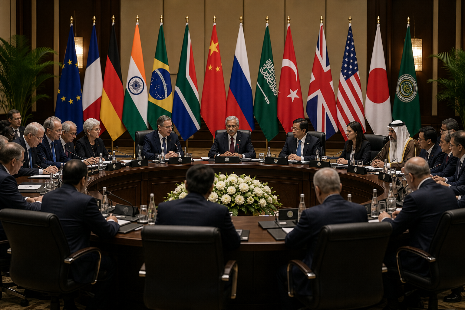 Diplomatic summit roundtable with national flags and delegates seated