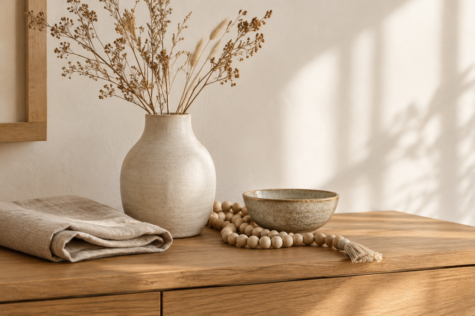 Handmade ceramic vase, linen textile, and wooden beads styled on a warm oak console in soft natural daylight