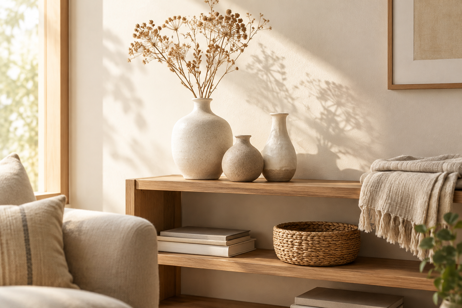 Sunlit living room corner styled with handmade ceramic vases, woven linen, and natural wood decor on a minimalist shelf