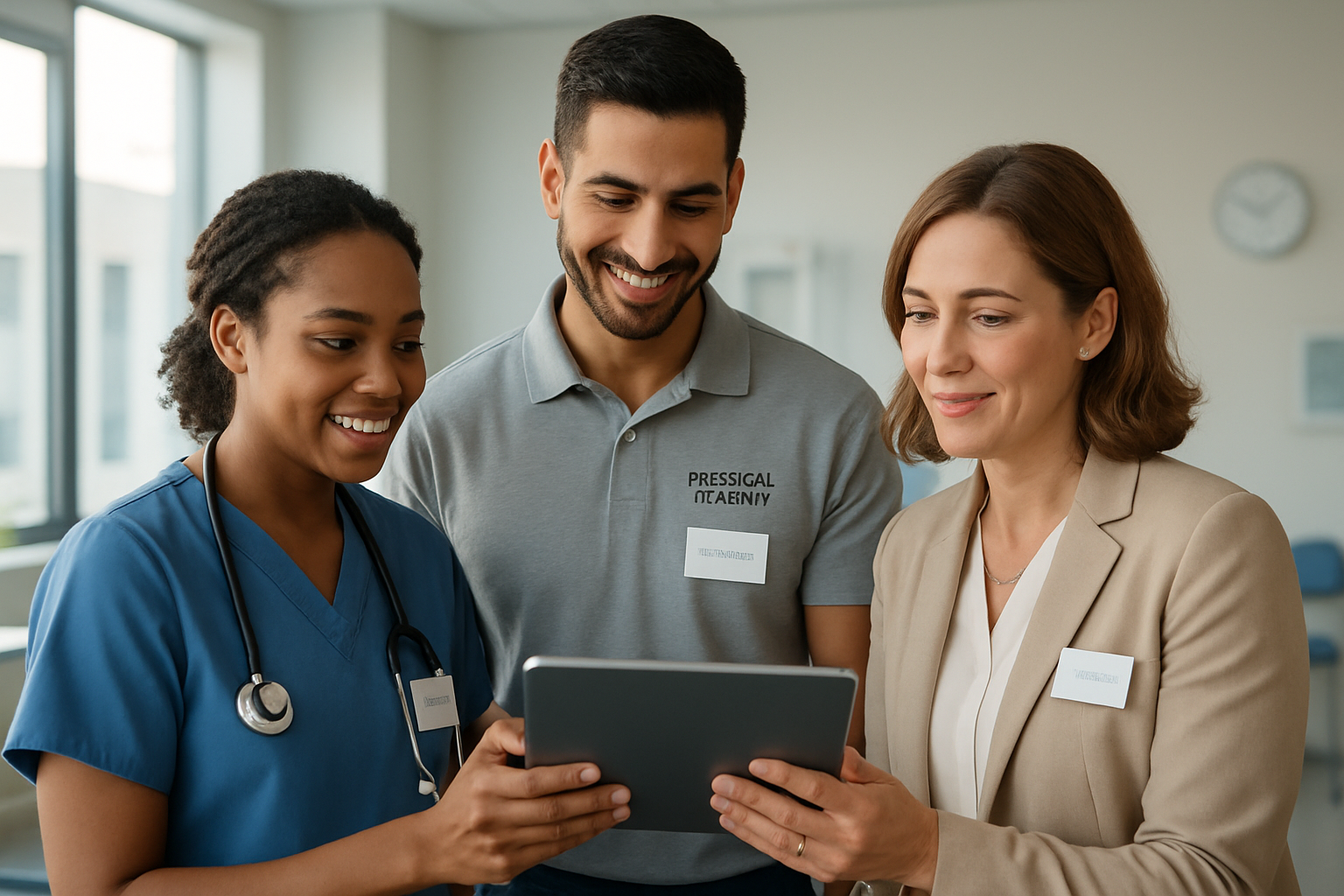 Diverse care team collaborating in a professional rehabilitation setting