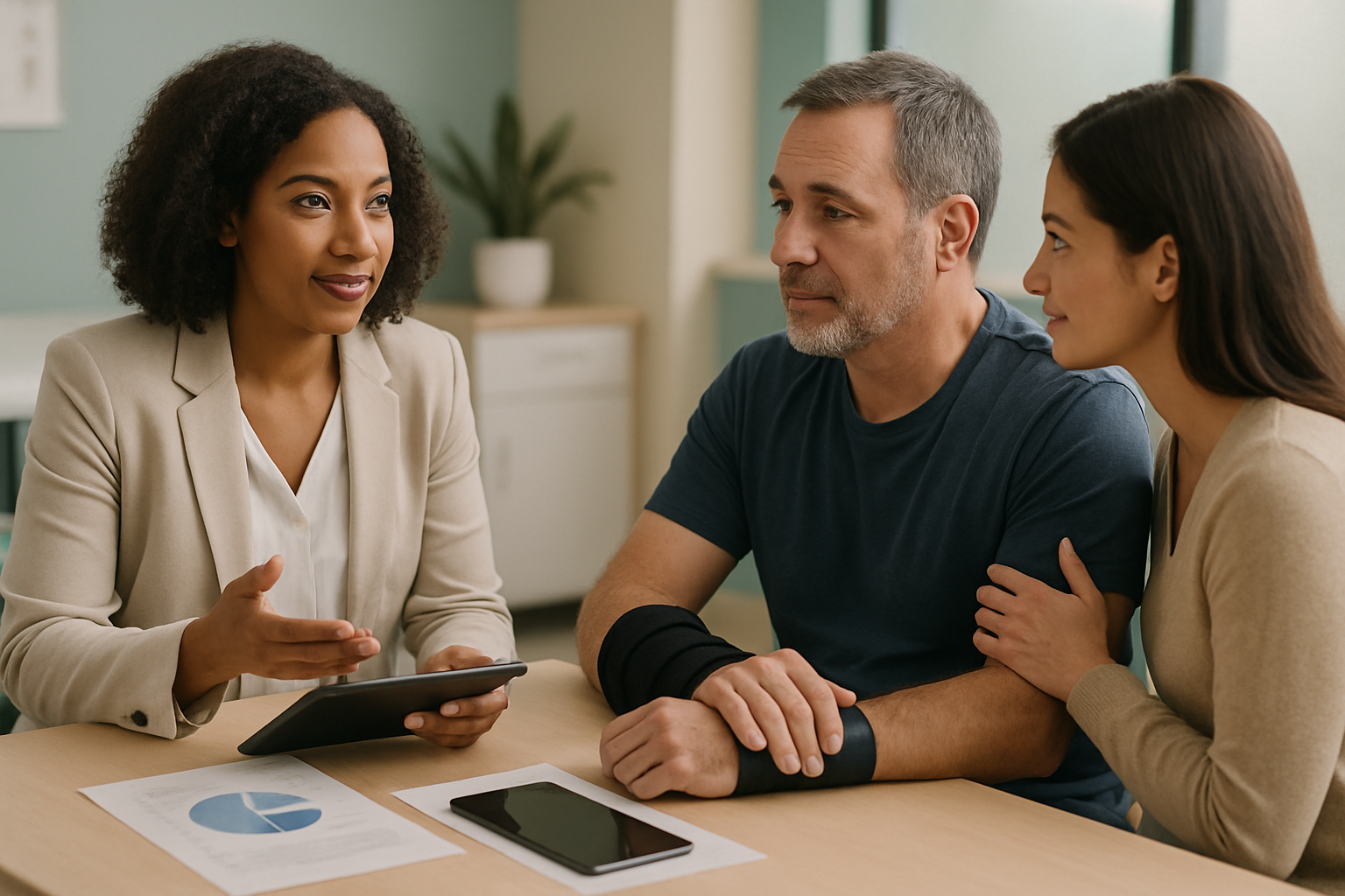Case manager meeting with an injured person and their family in a calm rehabilitation guidance setting