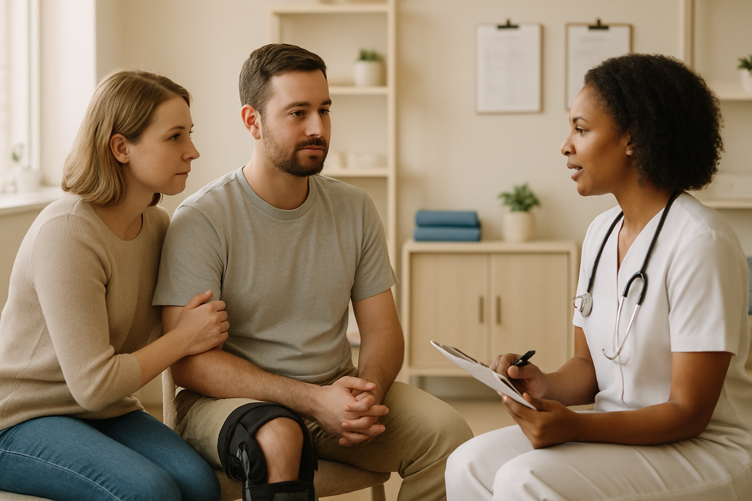 Injured patient with a supportive family member and a professional care provider in a calm rehabilitation guidance setting