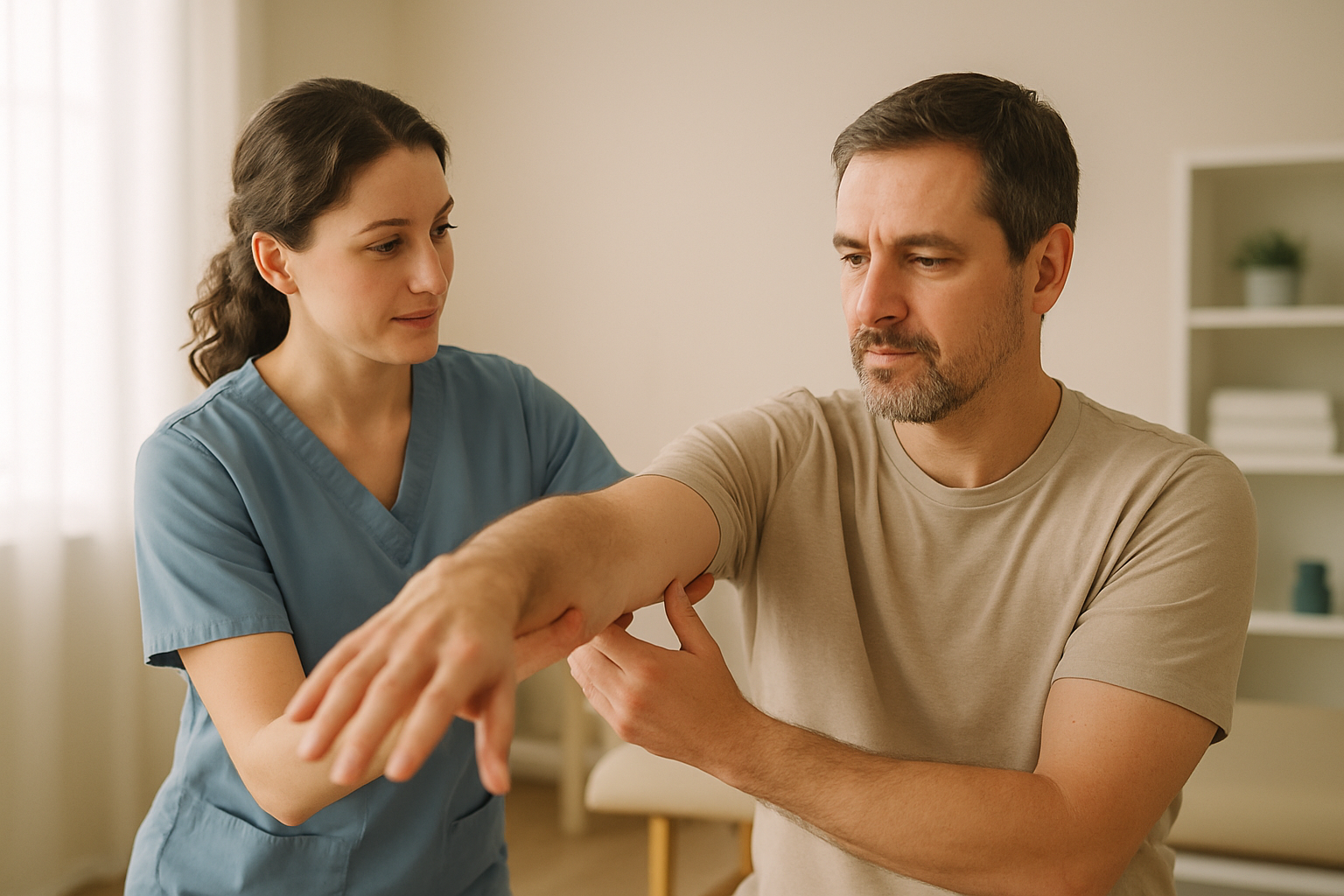 Therapist guiding a patient through a gentle rehabilitation exercise in a calm clinic