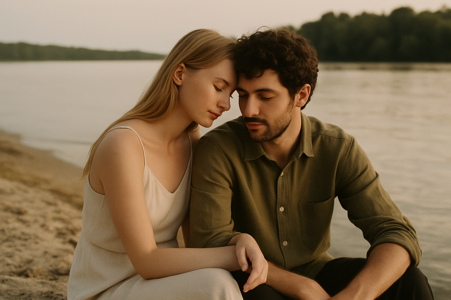 Woman in a pale linen dress and man in an olive shirt sitting together beside the Dnipro