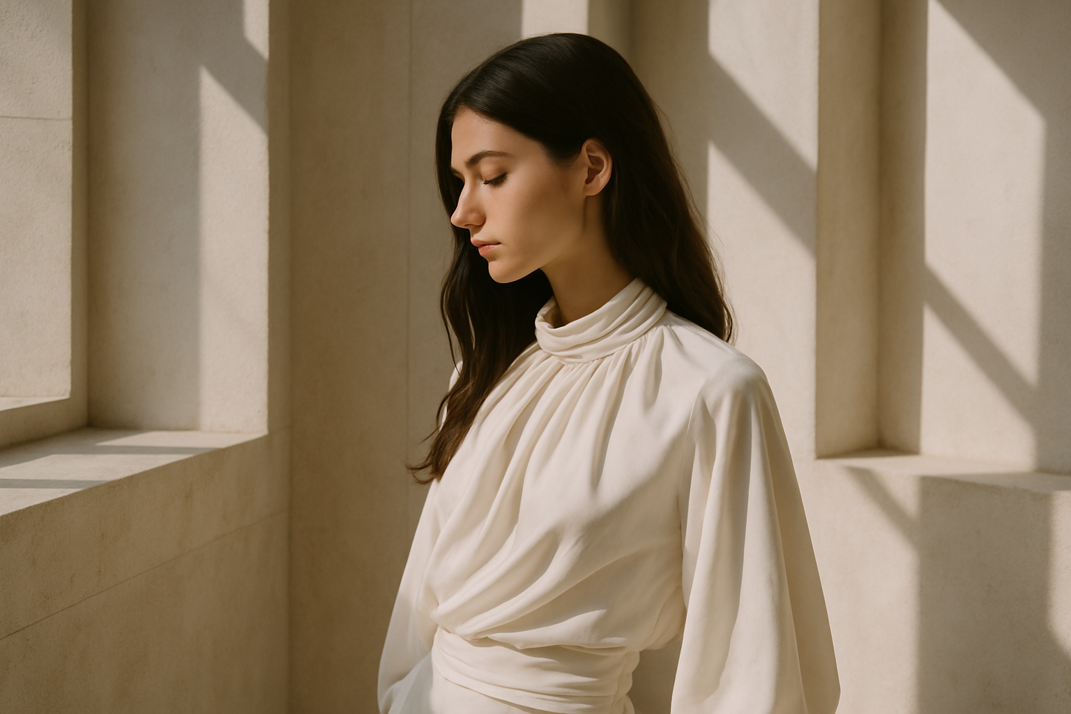 Long-haired model wearing a sculptural ivory silk blouse in a sunlit architectural interior