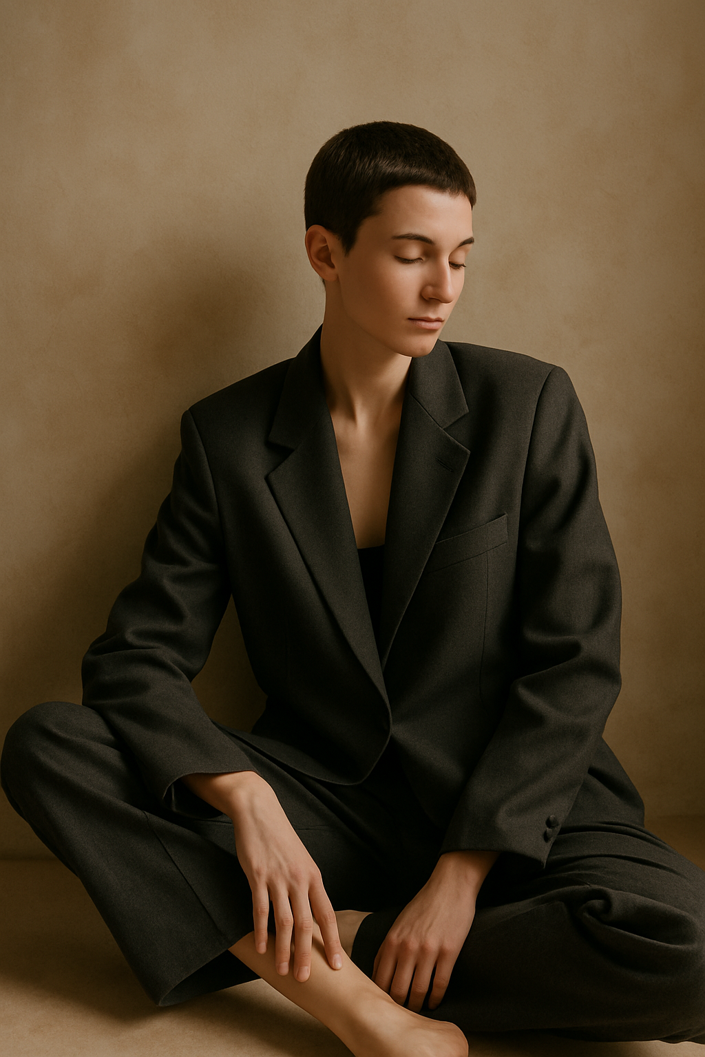 Short-haired model in an oversized charcoal tailored suit against a textured studio wall