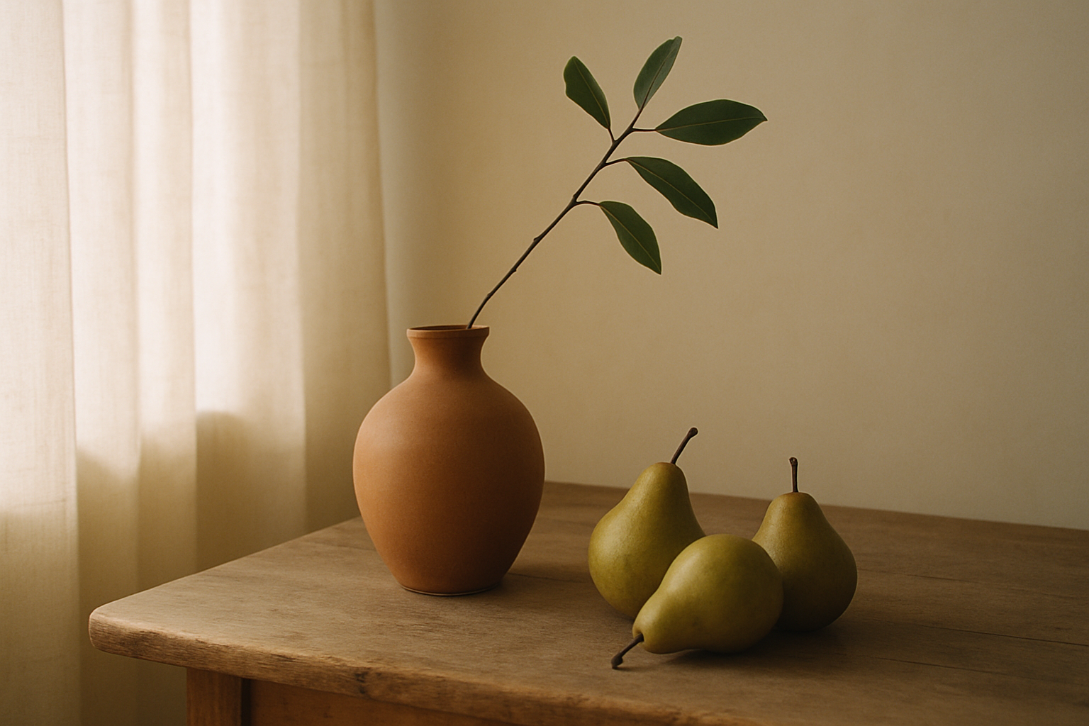 Terracotta vase and pears on a wooden table in softly glowing morning light captured on film