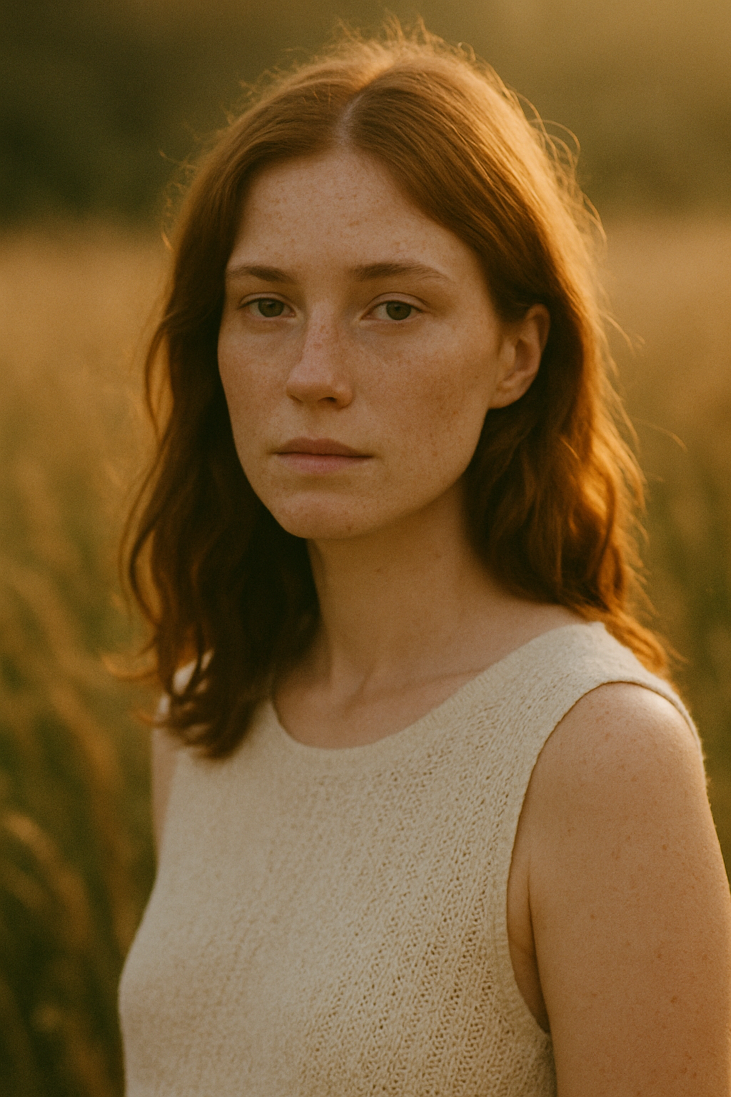 Freckled woman with auburn hair and a cream knitted top photographed on grainy film in a meadow
