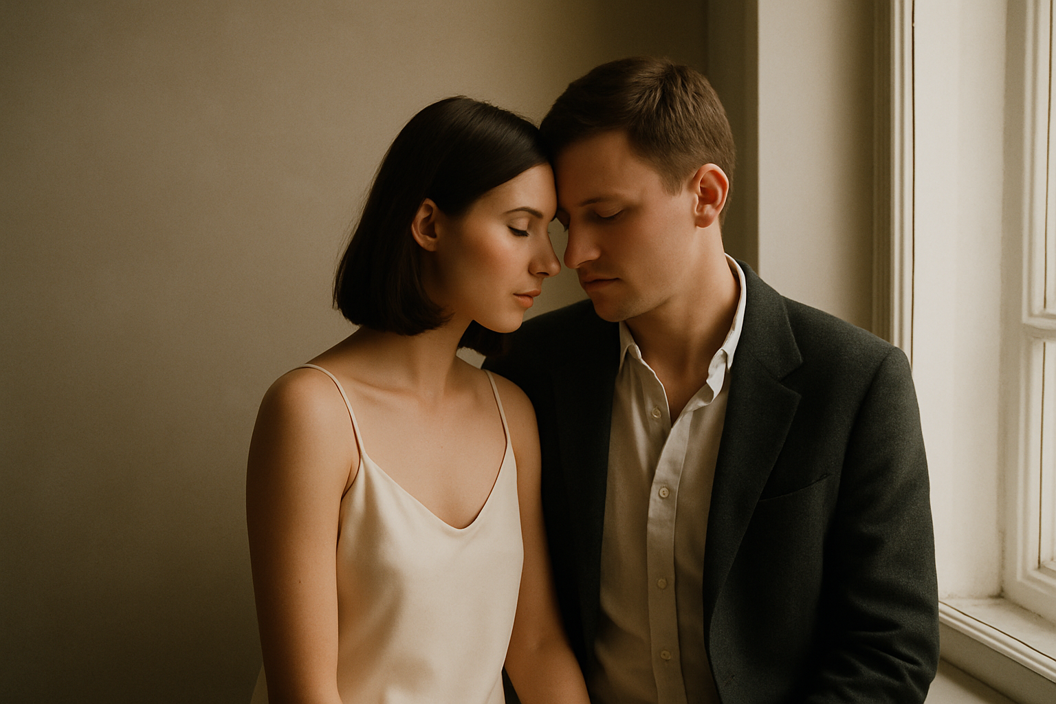A couple sharing a quiet embrace beside a tall window, softly lit by afternoon daylight.