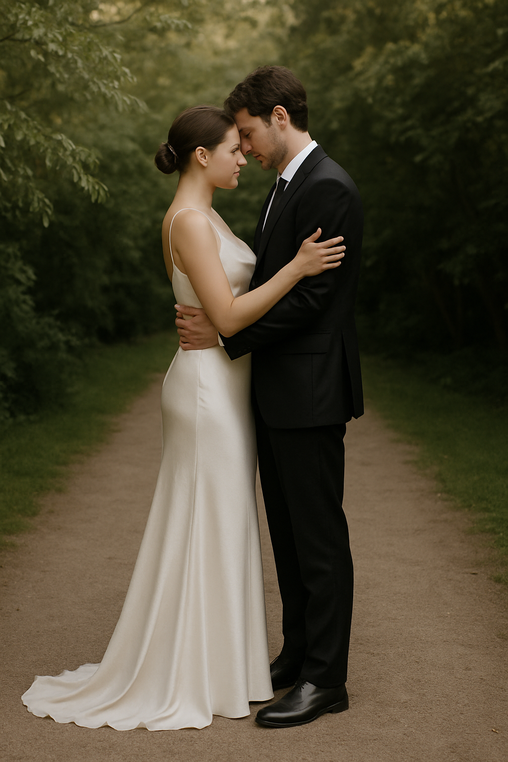 Bride in an ivory silk gown and groom in a black suit embracing in a leafy Kyiv garden