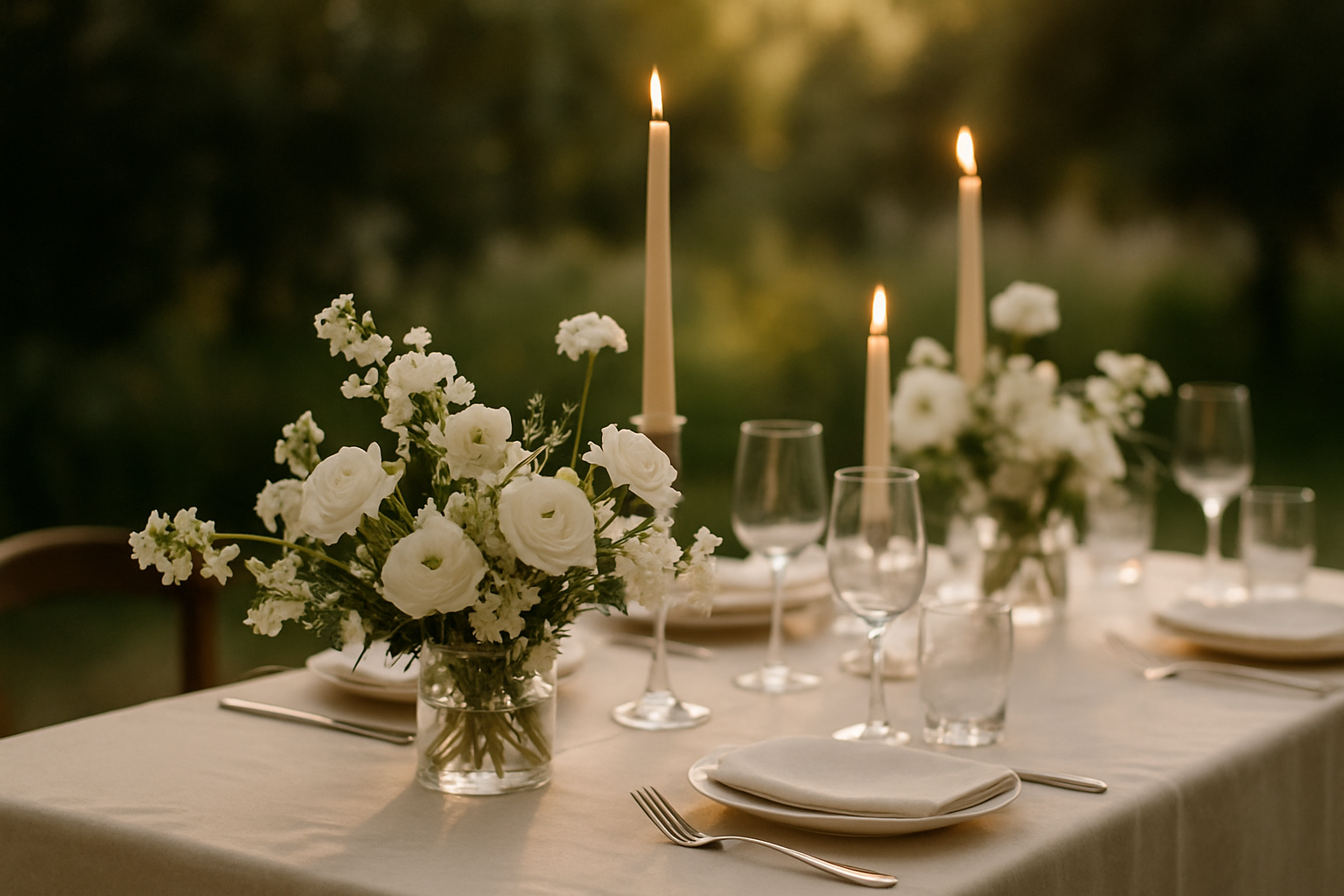 Intimate wedding dinner with cream linen, white flowers and candlelit glassware