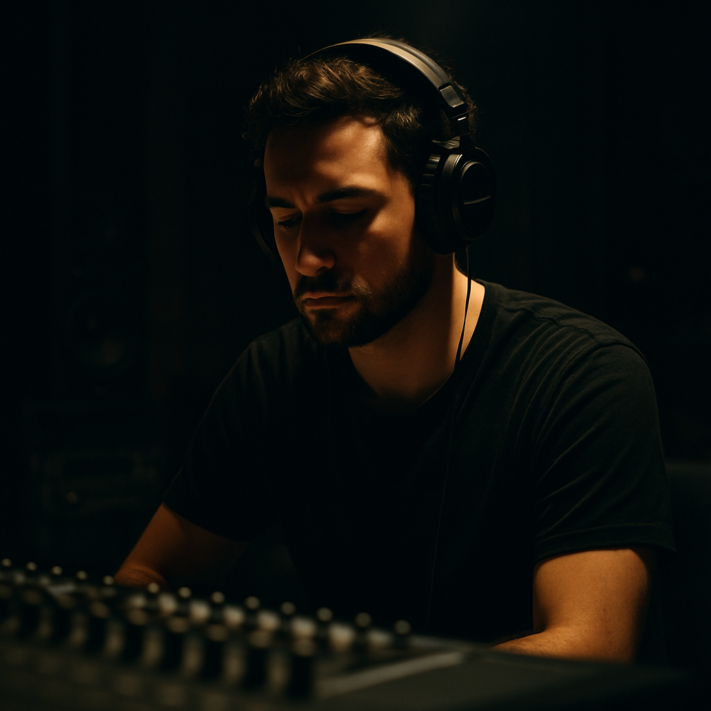 Moody studio portrait of a music producer wearing headphones, lit by a single overhead light with a mixing console in the foreground