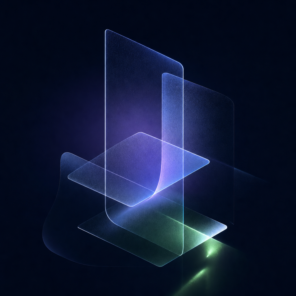 Abstract grainy glowing geometric form with layered translucent panels and a soft electric-blue edge light