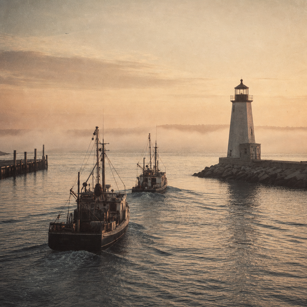 Harbor approach scene with small trawlers passing the lighthouse channel at dawn