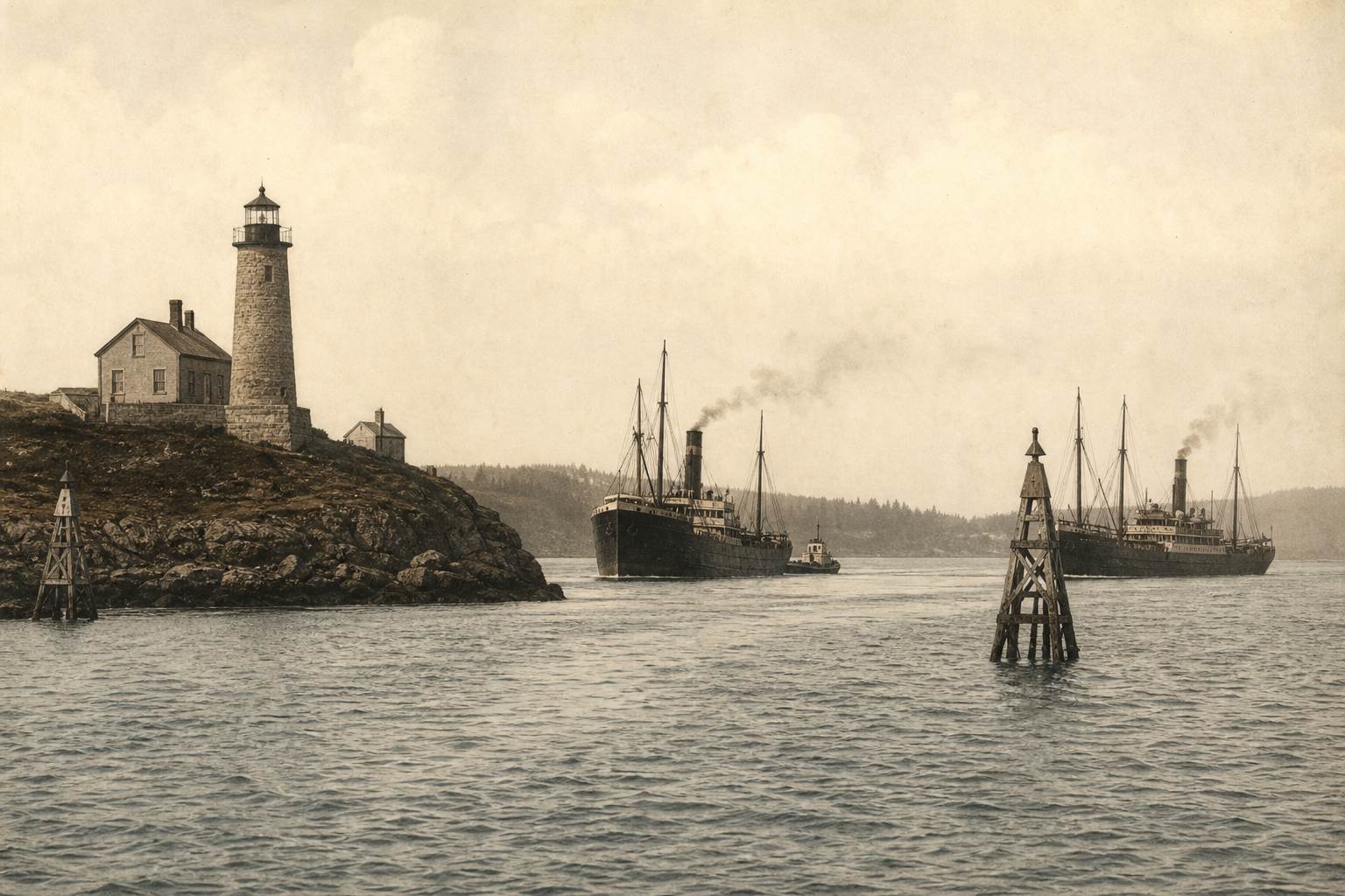 Historic harbor approach seen from sea with lighthouse and early cargo vessels