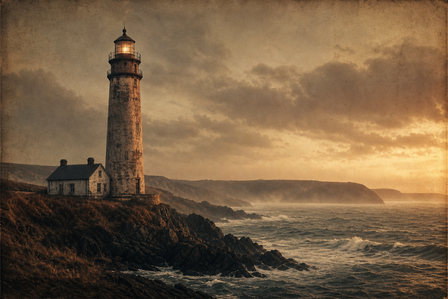 Archival-style photograph of a weathered stone lighthouse on the northern coast at dusk, warm film grain, soft vignette, and misty sea air