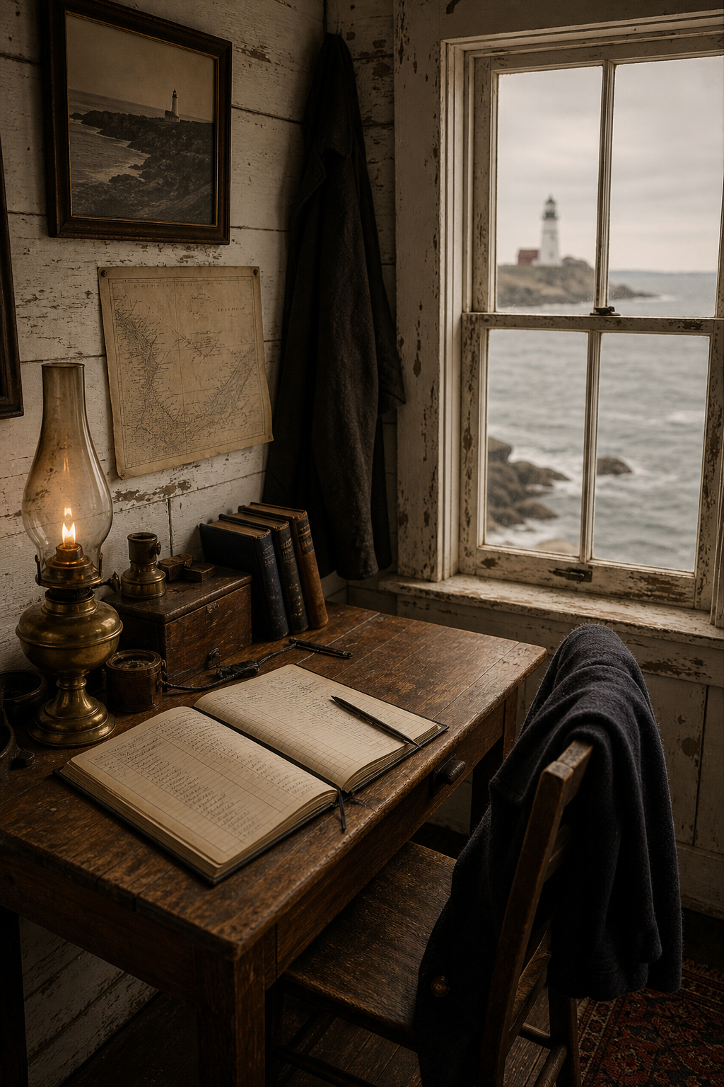 Warm-toned archival-style portrait view inside a lighthouse keeper room, with a weathered desk, brass lamp, and sea-facing window
