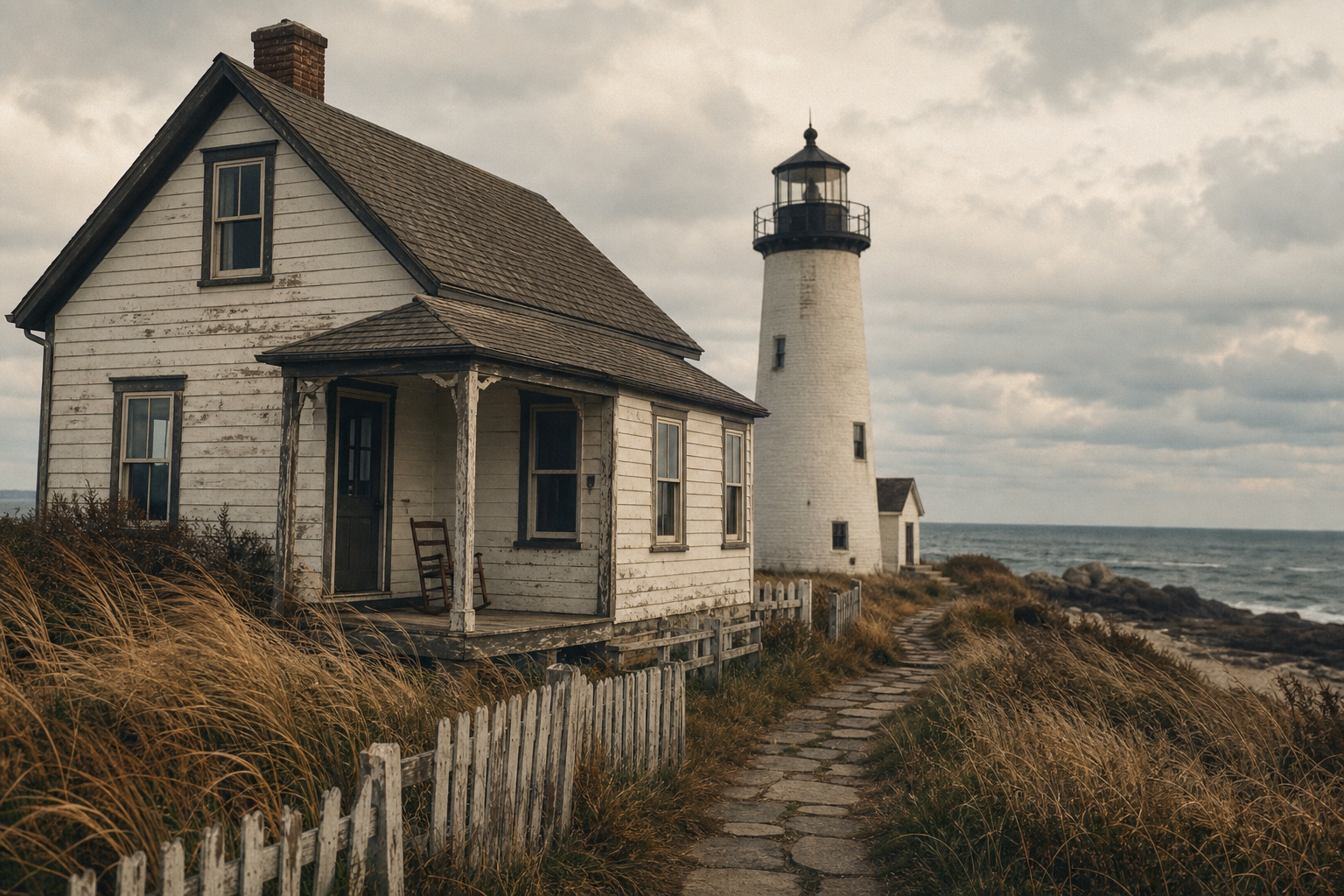 Weathered keeper dwelling beside a lighthouse with stone path and wind-bent grass