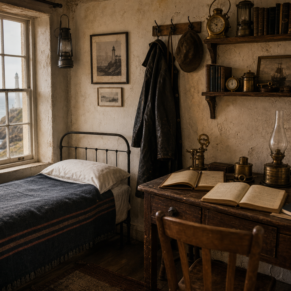 Keeper quarters interior with iron bed, wood desk, and nautical logbooks