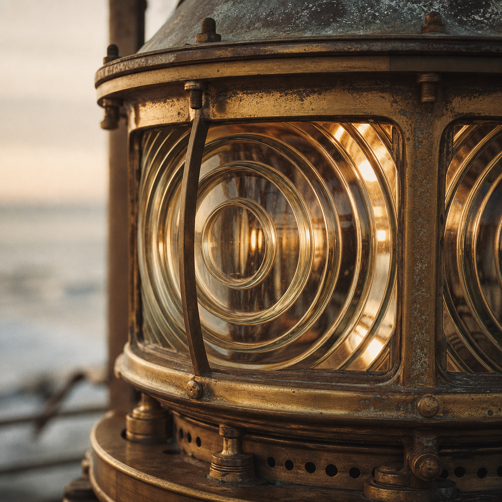Close-up of a brass lighthouse lantern lens with concentric glass prisms
