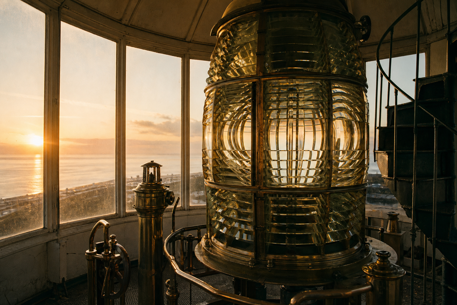 Close interior view of an old lighthouse lantern room with polished brass and Fresnel lens