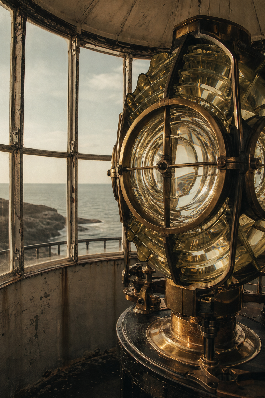 Warm-toned archival photograph of a lighthouse lantern room with brass lens assembly and weathered framing