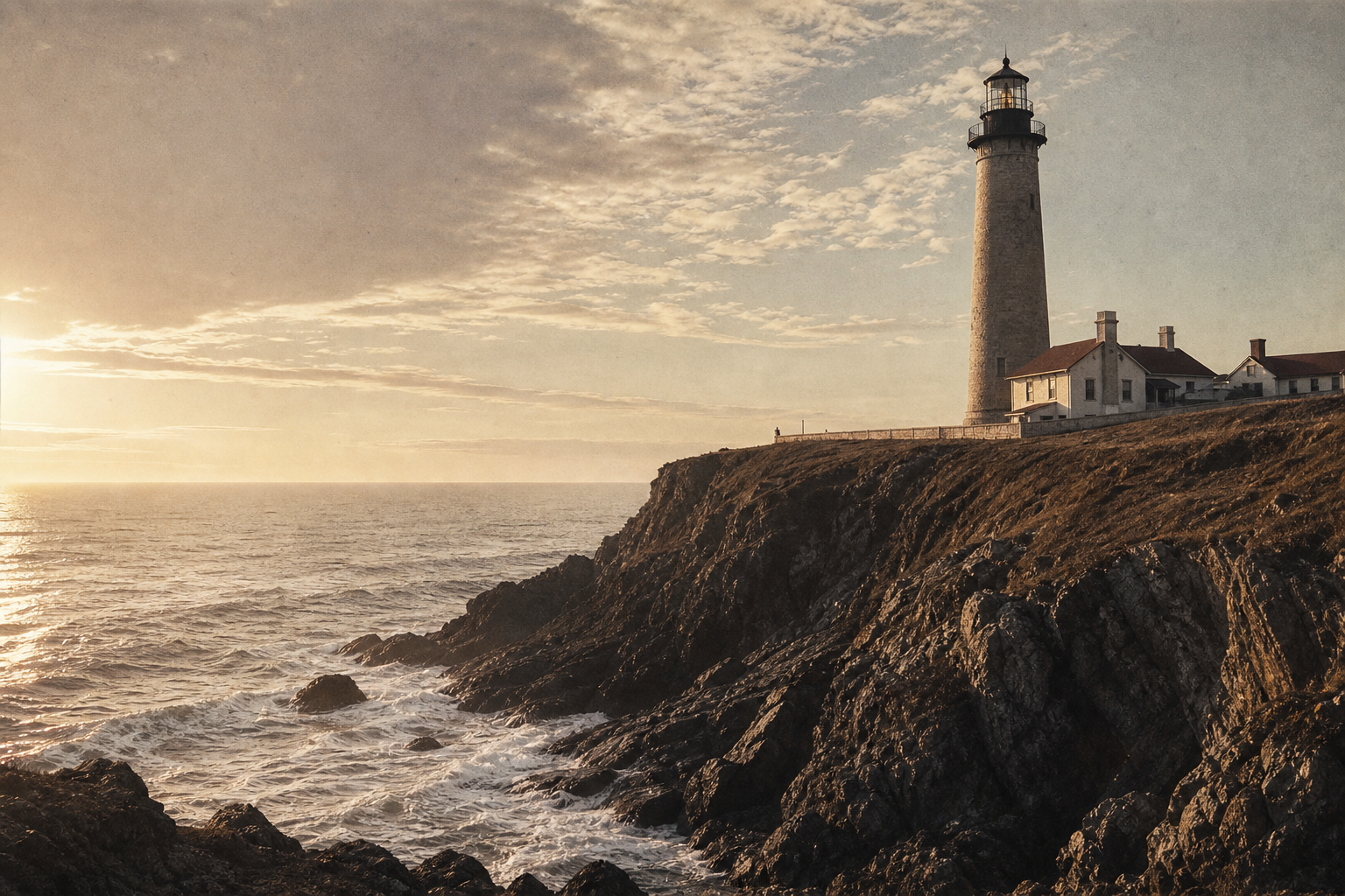 Wide lighthouse panorama above a rocky northern coast at late golden hour