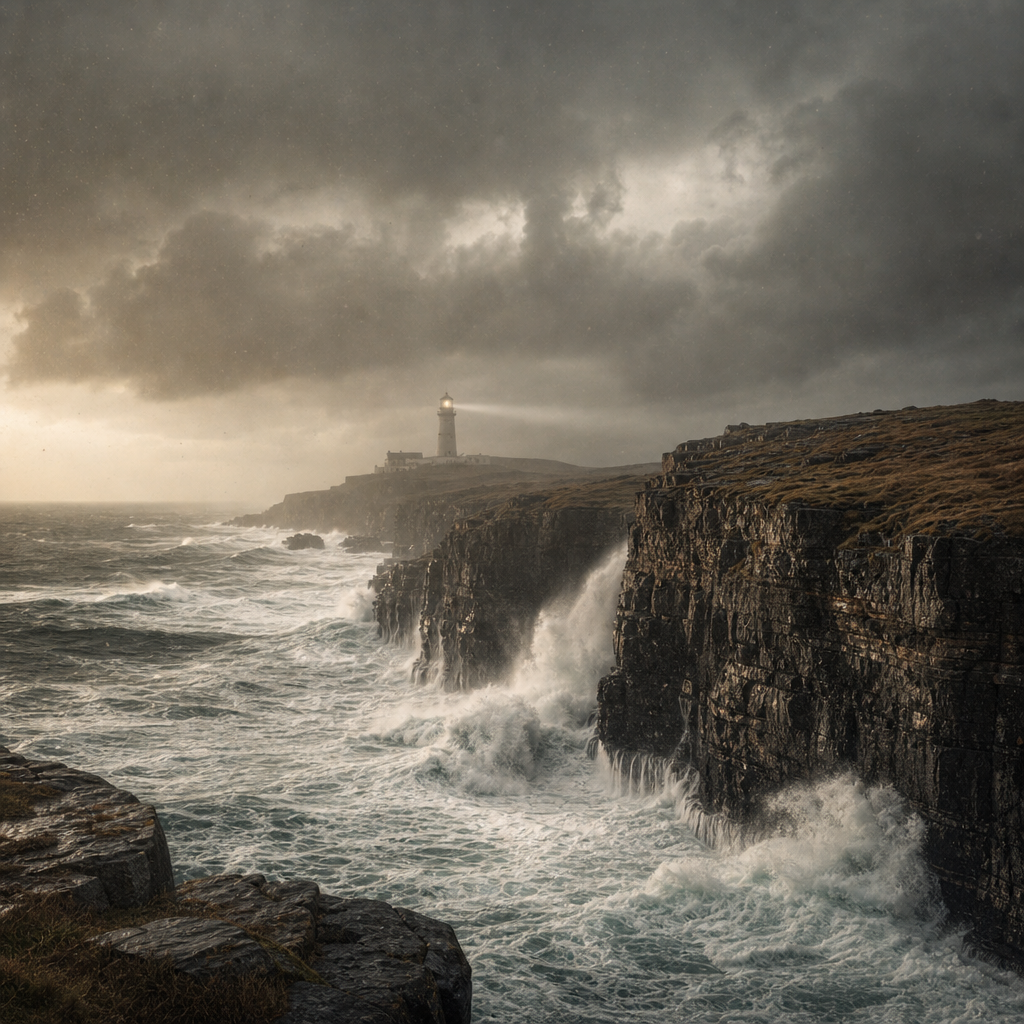 Storm coastline view with foaming waves and dark clouds around a distant beacon