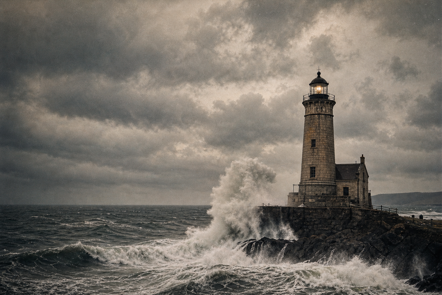 Monochrome coastal lighthouse facing heavy waves during storm season