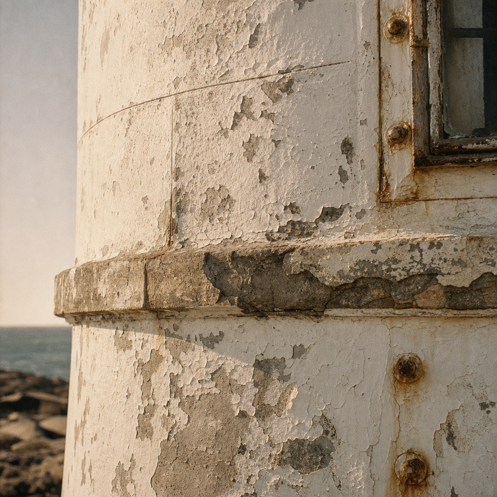 Weathered tower detail showing peeling paint, rusted bolts, and salt-worn stone