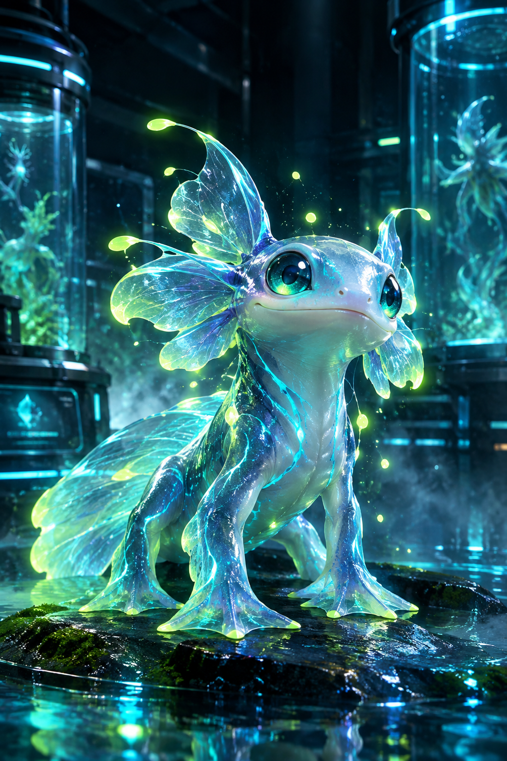 Luminous amphibious digital creature with translucent fins, cyan bioluminescent veins, and lime halo particles in a dark futuristic lab habitat