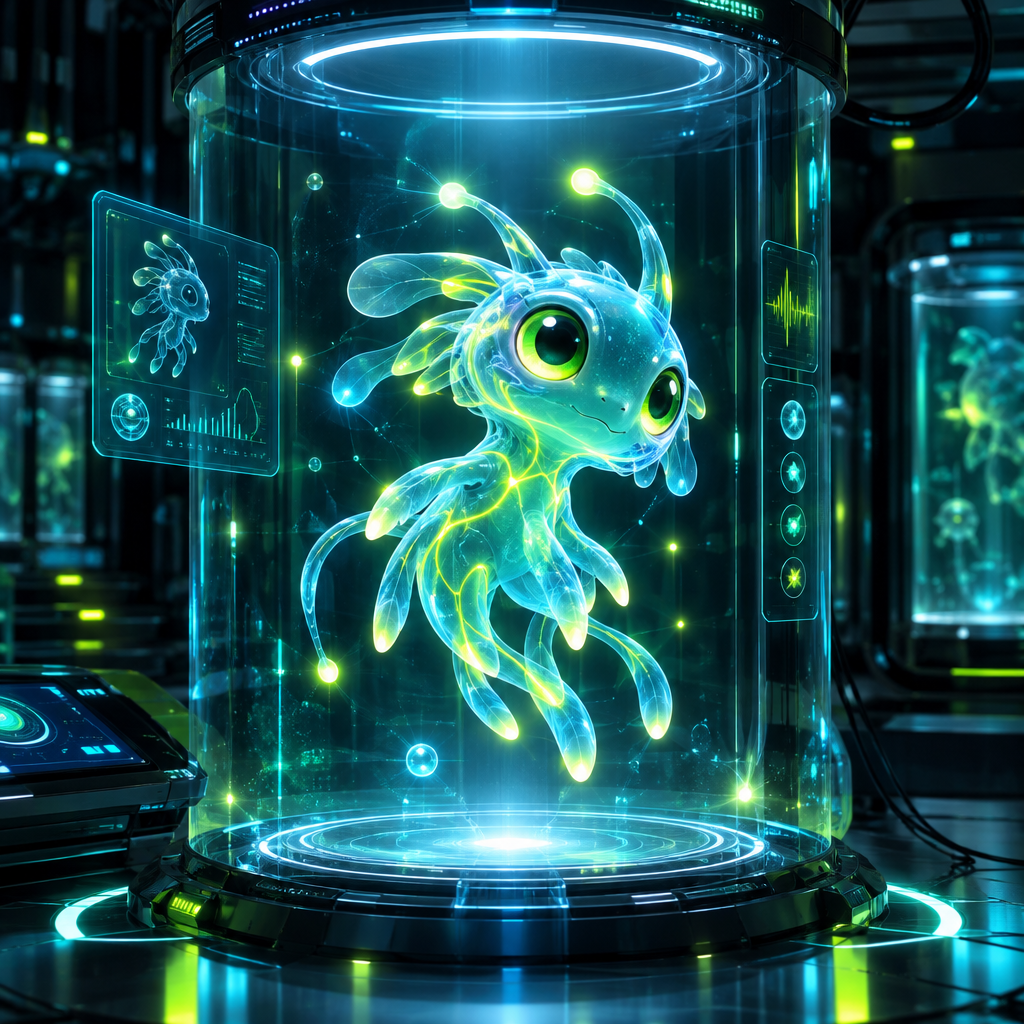 Featured artwork of Nib in current Signal Forager form inside a futuristic evolution chamber