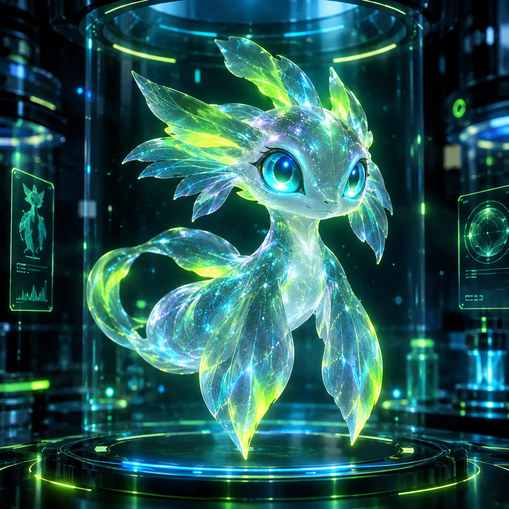 Iridescent digital creature portrait with translucent fins, neon cyan eyes, and lime glitch aura