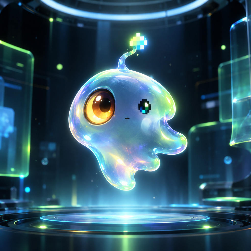 Nib, a small futuristic digital organism with an asymmetrical translucent body, one large amber eye, one tiny pixel eye, and a floating pixel antenna, glowing softly in a lab chamber