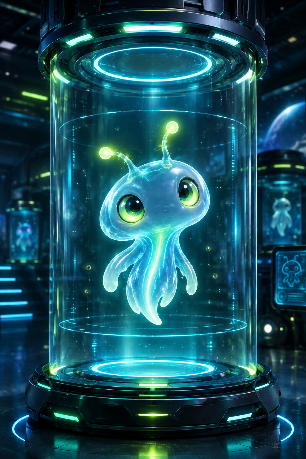 Portrait of Nib, a bioluminescent digital creature suspended inside a transparent hover chamber