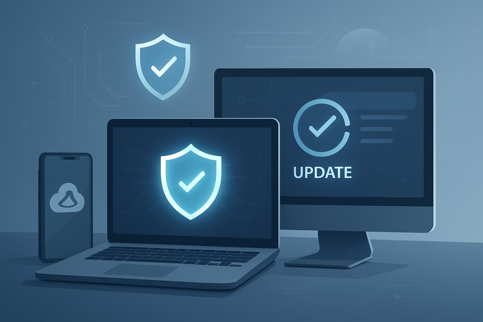 Secure IT systems dashboard with devices, shield, and backup icons