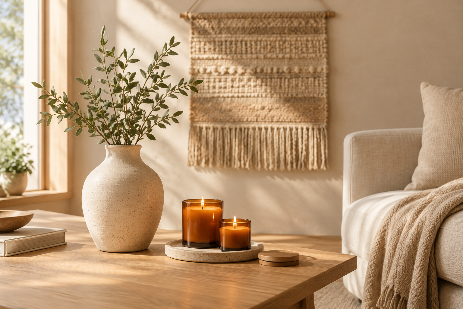 Calm natural interior styling scene with a handmade ceramic vase, woven wall hanging, and softly glowing soy candles in daylight