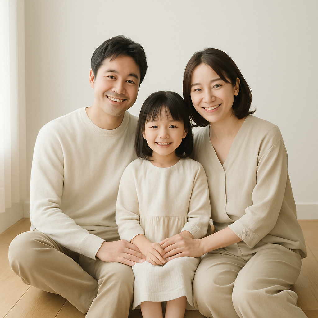 やわらかな自然光の中で寄り添う家族の小さな撮影ビジュアル
