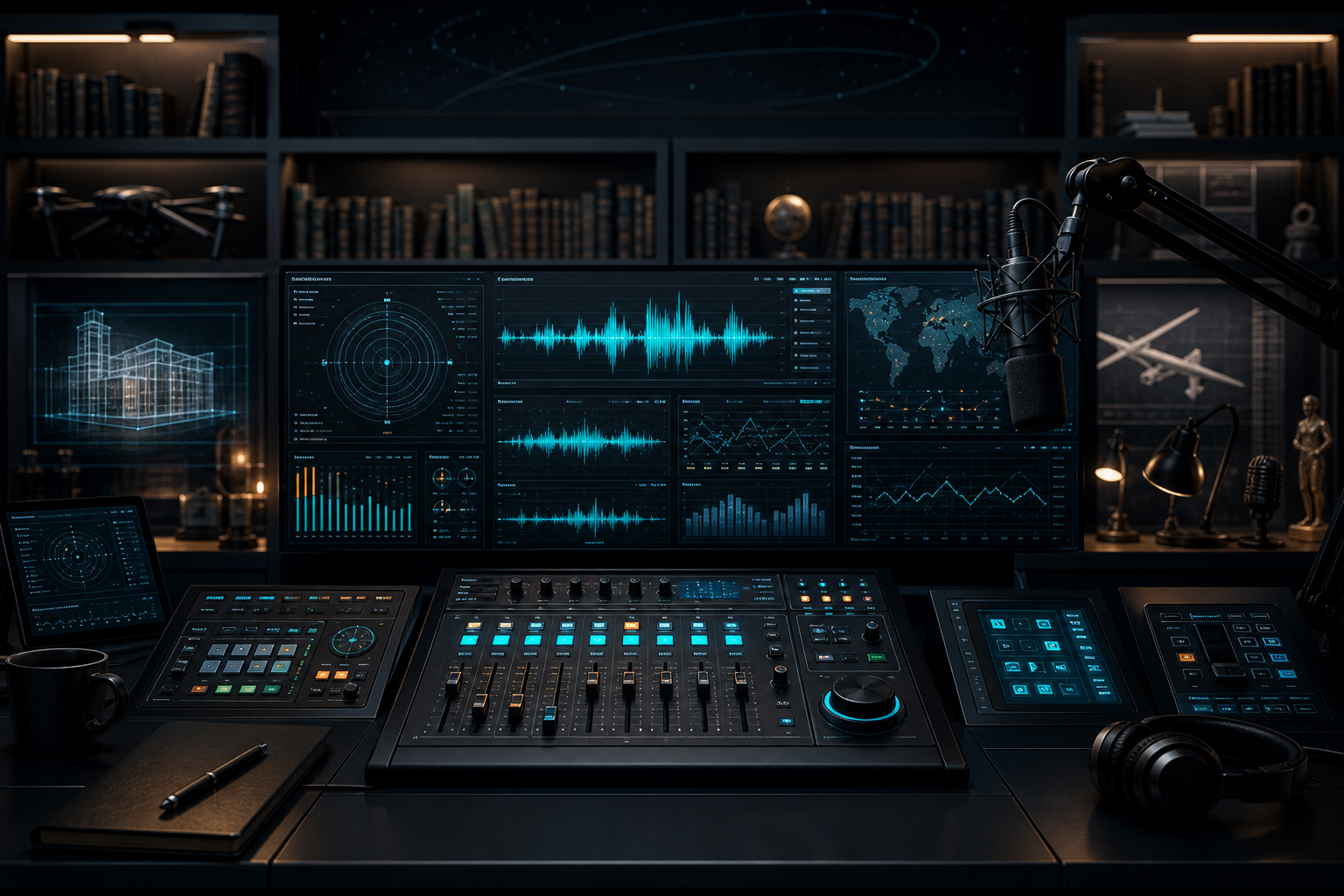 Subtle broadcast-console illustration with dark studio signal graphics, waveform glow, and a library-meets-transmission atmosphere