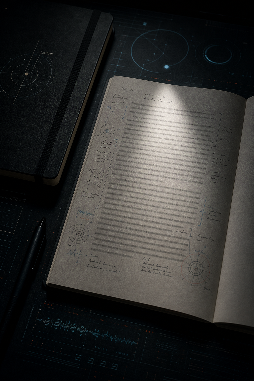 Dark editorial manuscript scene with subtle technical annotations and focused desk illumination