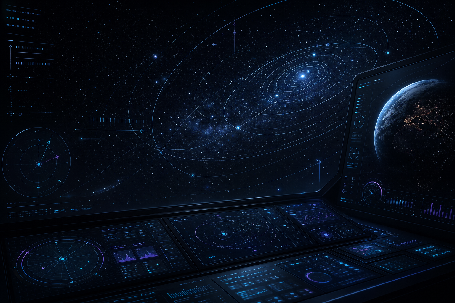 Cinematic dark mission-control interface scene with distant starfield depth, orbital telemetry rings, subtle dashboard glyphs, and geometric signal overlays