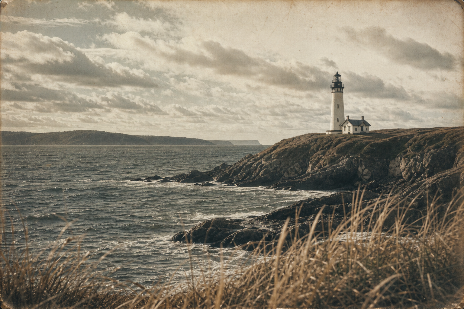 Archival shoreline scene with a distant beacon tower, rough water, and layered coastal sky
