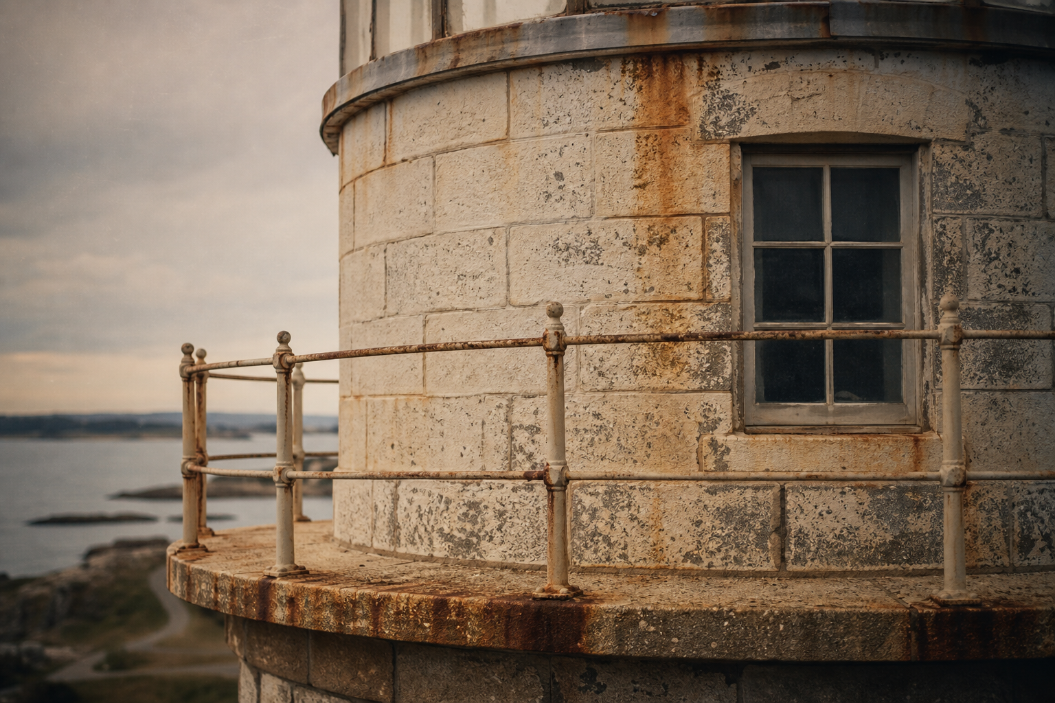 Film-style close detail of a coastal lighthouse tower with weathered stone and salt-worn railing