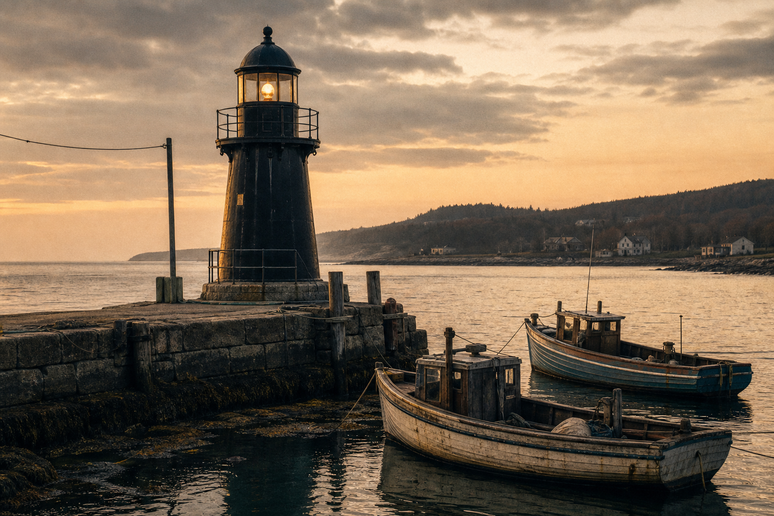 Harbor approach with a compact iron harbor light at dusk, small fishing vessels, and calm reflective tidal water